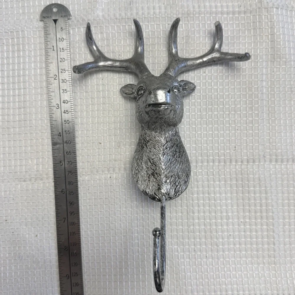 Deer Stag Wall Coat Hanger Silver Chrome Aluminum Antler Hook Rustic Cabin